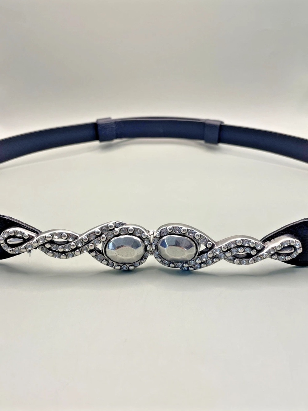 Chico's Black Genuine Leather Belt Rhinestone Embellished Silver Buckle